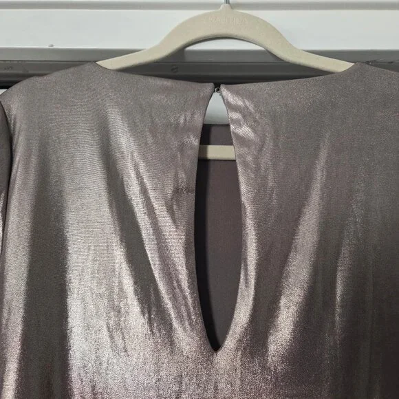 Express S Gold Metallic Ruched Mini Dress Long Sleeves Keyhole Back Stretch - Picture 6 of 6